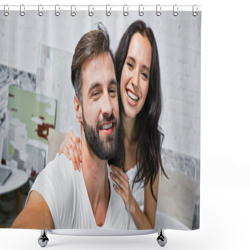 Personality  Happy Bearded Man And Brunette Woman Smiling At Camera In Bedroom Shower Curtains