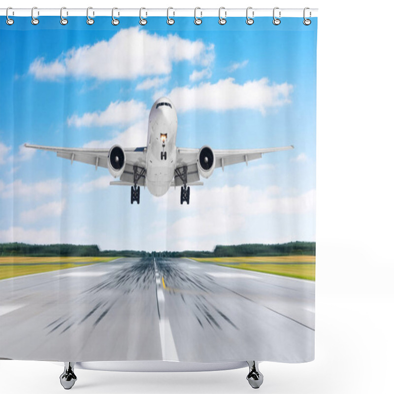 Personality  Big Airplane Aircraft Flying Departure Landing Speed Motion On A Runway In The Good Weather With Cumulus Clouds Sky Day. Shower Curtains