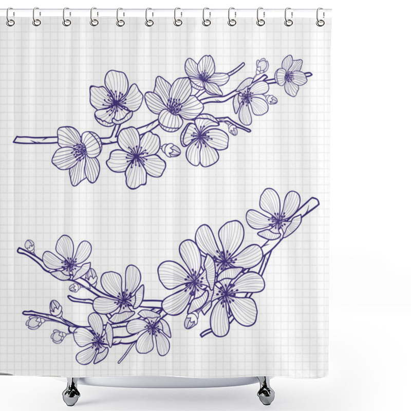 Personality  Sketch Style Flowering Cherry Or Apple Tree Branch On Notebook Page . Hand Drawn Spring Elements. Vector Illustration. Shower Curtains