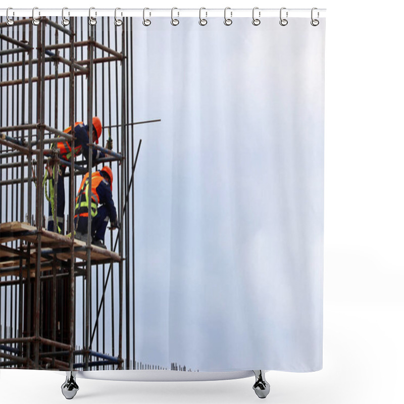 Personality  Construction Workers Working On Scaffolding. Installers On The Building Frame Against The Blue Sky Shower Curtains