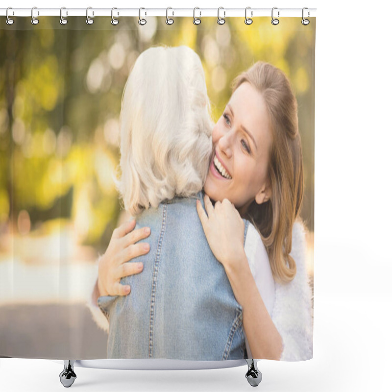 Personality  Smiling Young Woman Hugging Old Mother In The Park Shower Curtains