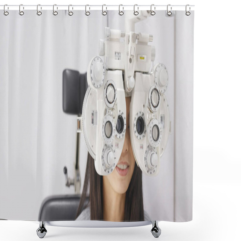 Personality  Young Woman Doing Eye Test  Shower Curtains