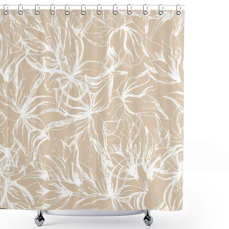 Personality  Seamless Floral Pattern In Provence Style. Contour White Flowers On A Beige Background For Fabric, Home Textiles And Paper For Decoration. Vintage Texture Shower Curtains