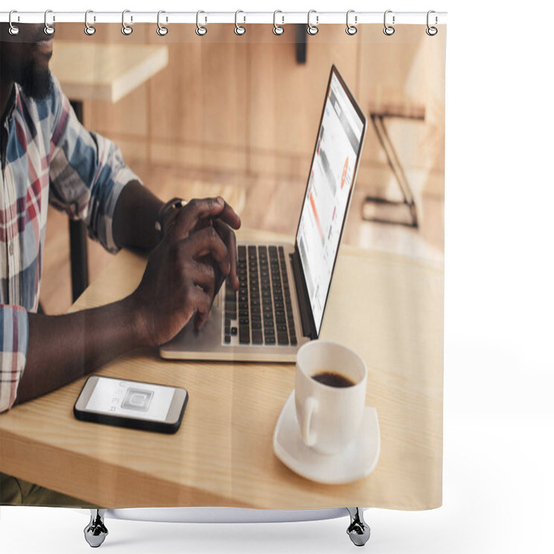 Personality  Cropped View Of African American Man Using Smartphone With Uber Appliance And Laptop With Soundcloud Website In Coffee Shop Shower Curtains