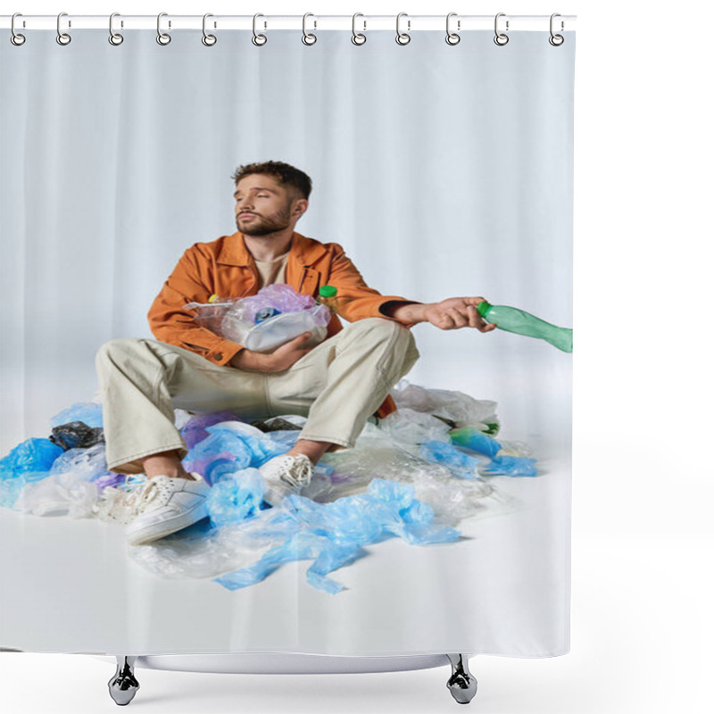 Personality  A Man Sits Surrounded By Plastic Waste, A Silent Commentary On Modern Consumerism. Shower Curtains