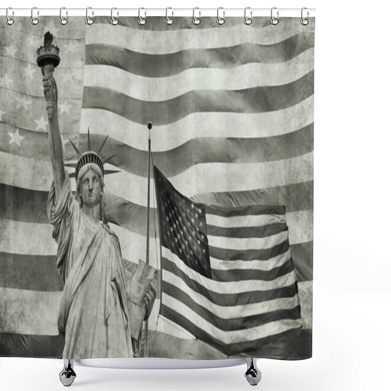 Personality  Collage Of Lady Liberty And Waving American Flag In The  Background. Edited As A Vintage Photo In Tension Green Hue Color. Shower Curtains