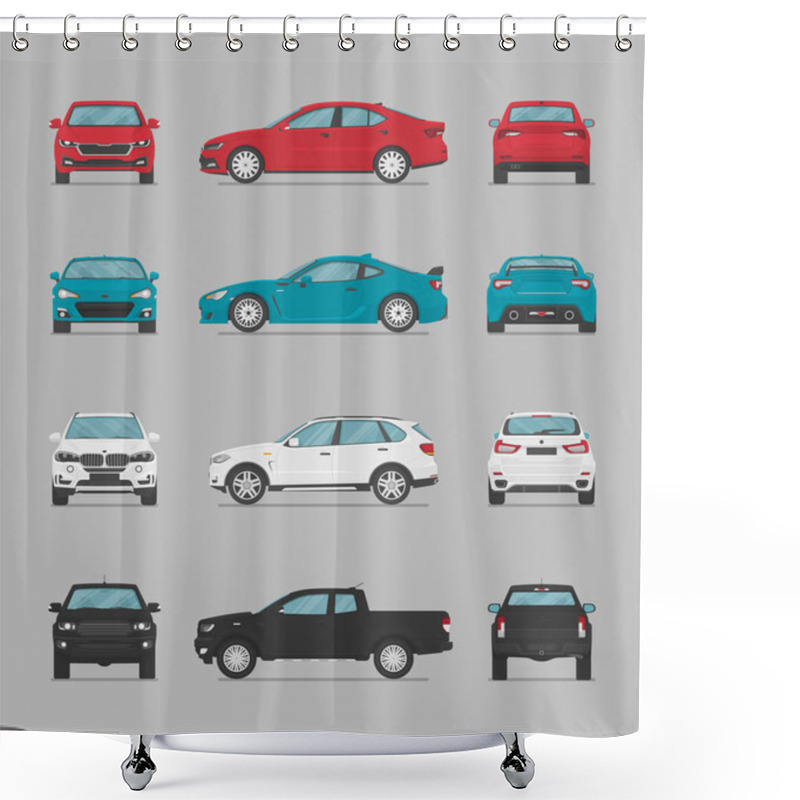 Personality  Vector Cars. Side View, Front View, Back View, Top View. Cartoon Flat Illustration, Car For Graphic And Web Shower Curtains