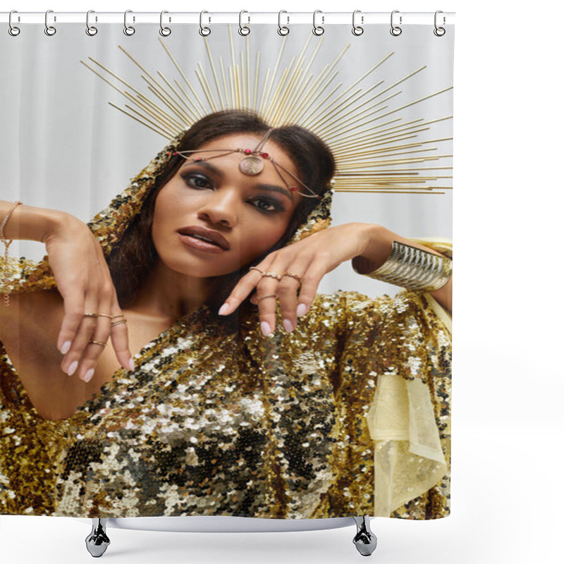 Personality  This Striking African American Goddess Shines In A Golden Dress, Exuding Grace And Confidence In A Studio. Shower Curtains