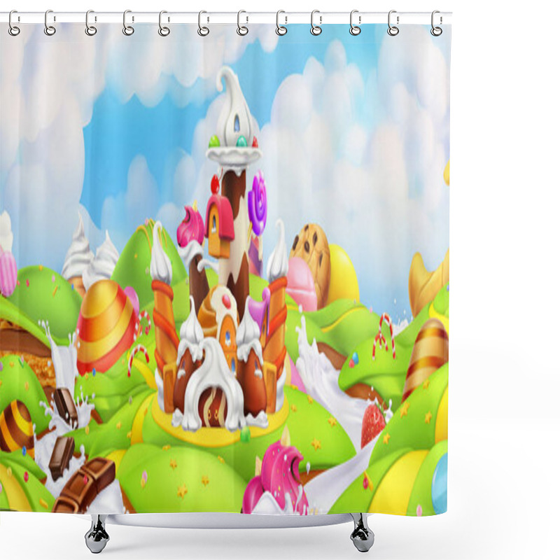 Personality  Sweet Castle. Panorama Landscape, Vector Background Shower Curtains