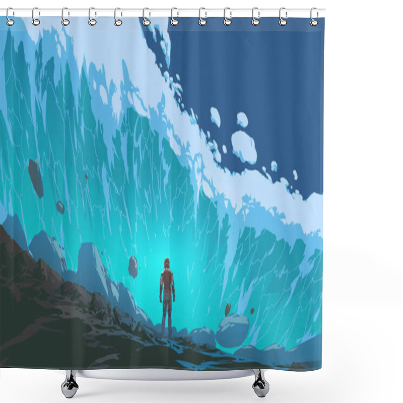 Personality  Futuristic Man Standing In The Midst Of A Huge Wave That Is Rushing Towards Him, Digital Art Style, Illustration Painting Shower Curtains