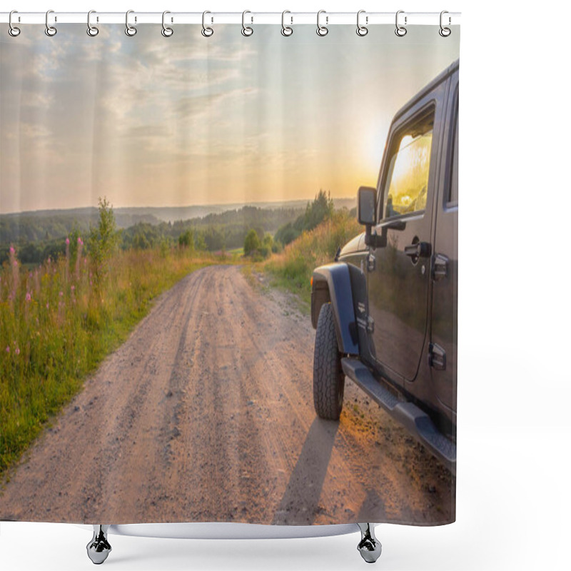 Personality  Leningrad Region, Russia, July 27, 2018: Jeep Wrangler On A Rural Road In The Evening Sun. Wrangler Is A Compact Four Wheel Drive Off Road And Sport Utility Vehicle Shower Curtains