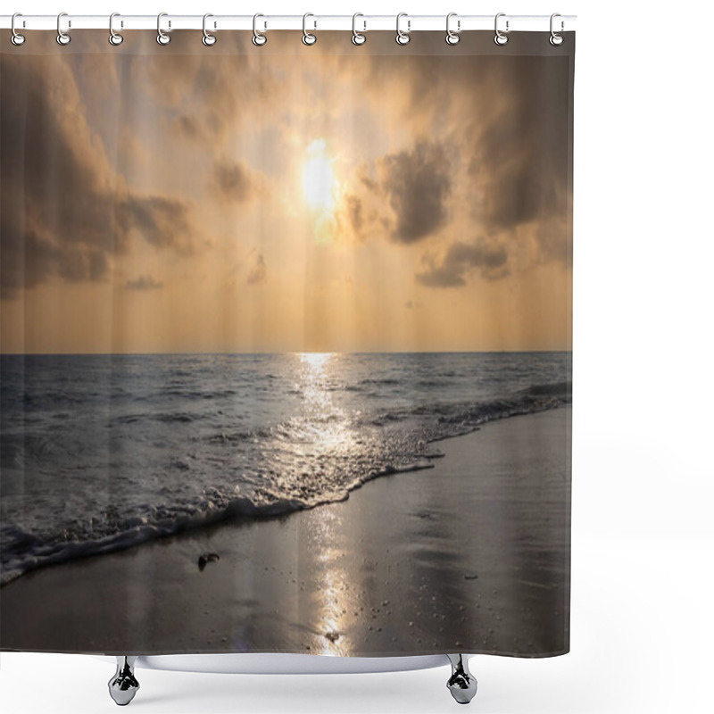 Personality  Sea Horizon With Bright Sunset Orange Sky From Sandy Beach And Rolling Waves At Morning Shower Curtains