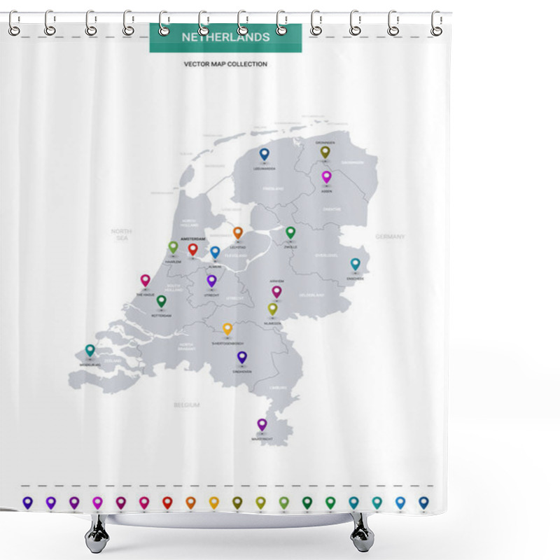 Personality  Netherlands Map With Location Pointer Marks. Infographic Vector Template, Isolated On White Background.  Shower Curtains