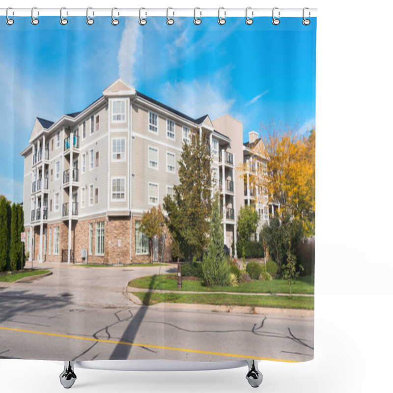 Personality  Modern Apartment Building Along A Suburban Street On A Sunny Autumn Morning Shower Curtains