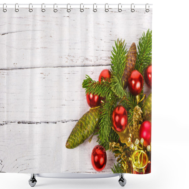 Personality  Branch Of Christmas Tree And Red Christmas Balls On A White Background Painted Old Wood Planks As Background, Concept Of New Year Shower Curtains