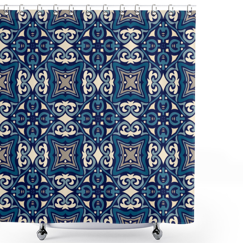 Personality  Blue Oriental Damask Flourish Seamless Vector Design Shower Curtains