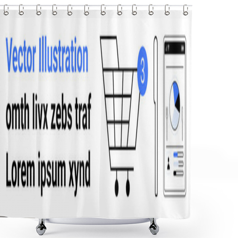 Personality  Shopping Cart With Notification Badge, Stylus, And Mobile Screen With Analytics Chart And Profile Details. Ideal For Online Shopping, E-commerce, Mobile Apps, Digital Marketing, Data Analytics Shower Curtains