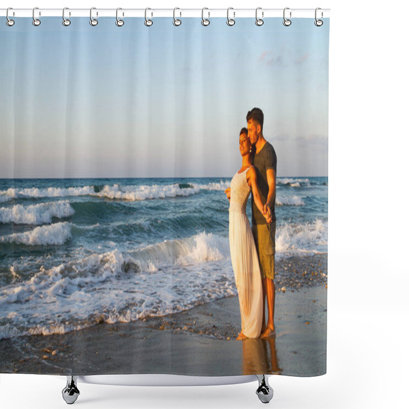 Personality  Young Man, And Young Woman, Loving Young Couple Enjoy Walking Barefoot On Wet Sand, Romancing At Summer Dusk. Travel Vacation Lifestyle Concept. Shower Curtains