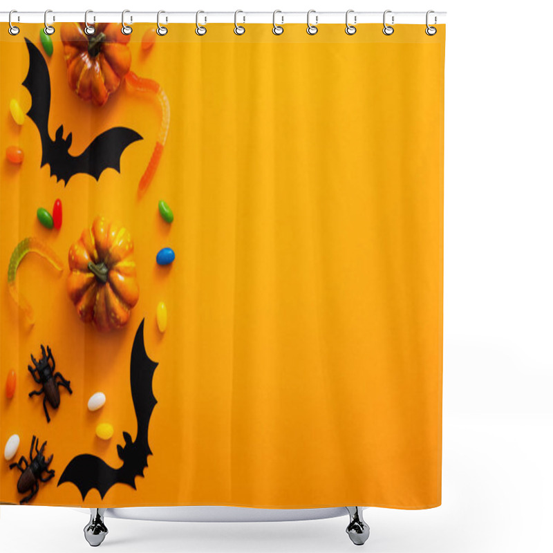 Personality  Halloween Holiday Concept. Halloween Decorations, Pumpkins, Bats, Candy, Bugs On Orange Background. Halloween Party Greeting Card Mockup With Copy Space. Flat Lay, Top View, Overhead. Shower Curtains