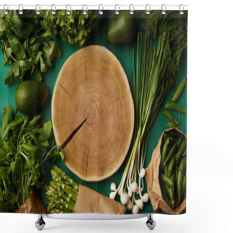 Personality  Top View Of Wood Cut Surrounded With Various Ripe Vegetables On Green Surface Shower Curtains