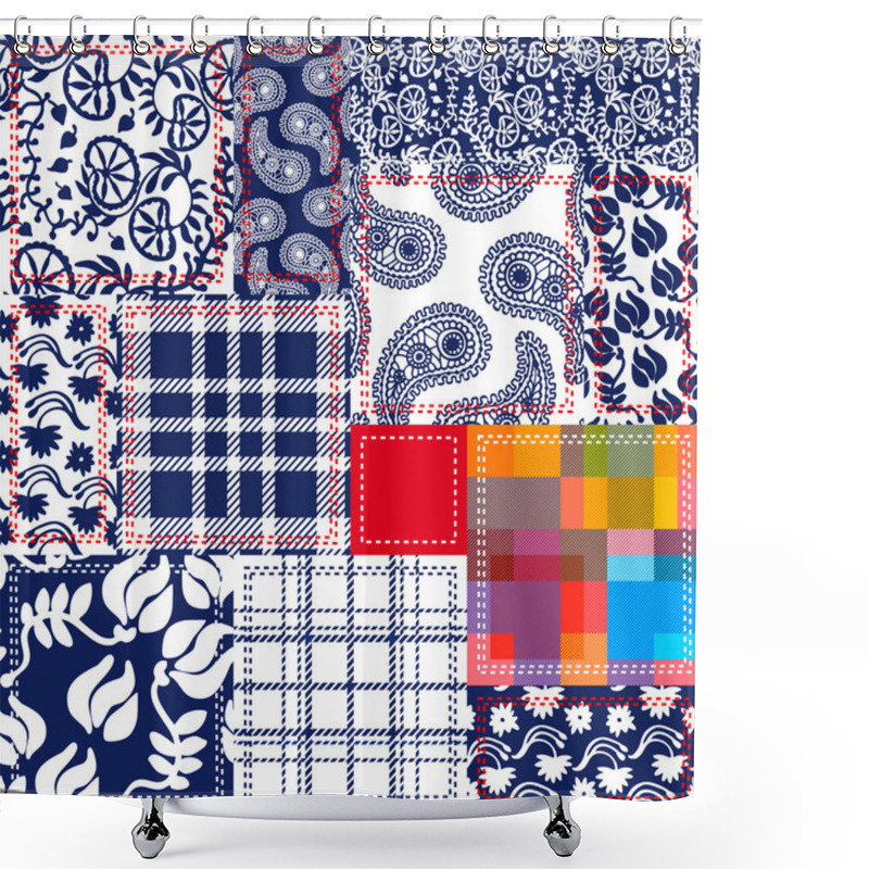 Personality  Blue, White, Red Patchwork. Textile Collage. Checkered, Floral Patterns Shower Curtains