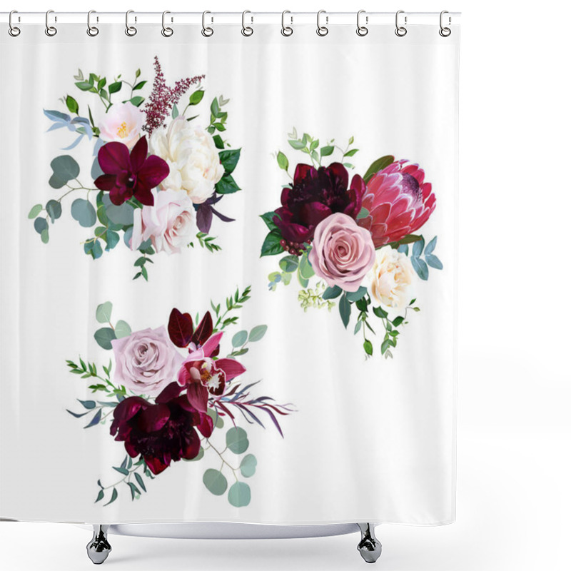 Personality  Dusty Pink, Mauve And Creamy Rose, Magenta Protea, Burgundy And White Peony Shower Curtains