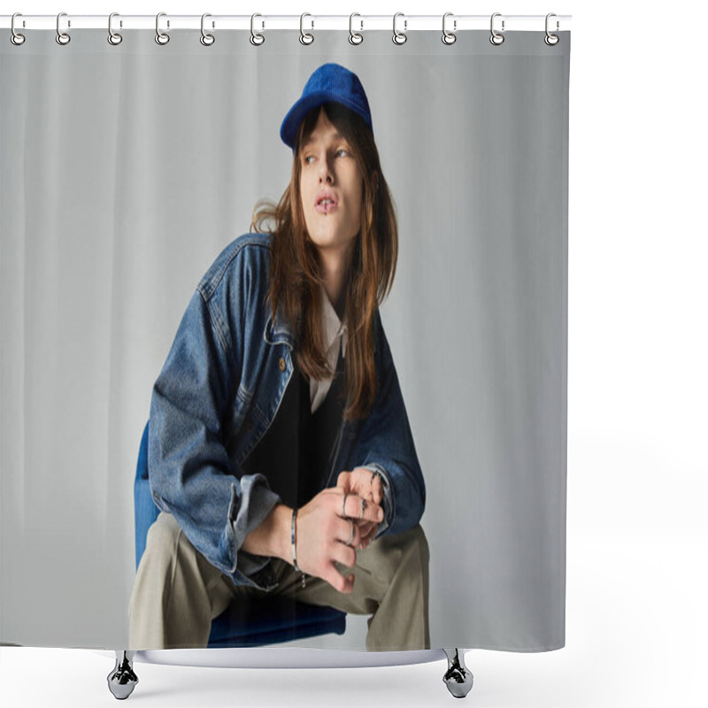 Personality  A Young Man Showcases His Trendy Outfit, Exuding Fashion Confidence And Charisma. Shower Curtains