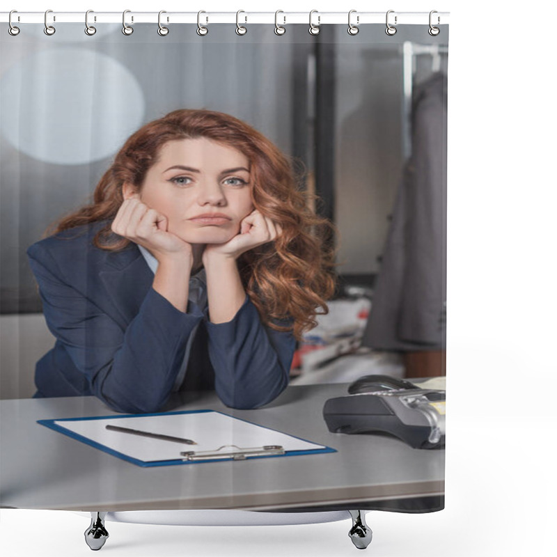 Personality  Bored Young Dry Cleaning Manageress Sitting At Workplace Shower Curtains