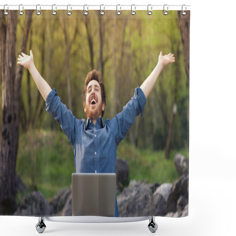 Personality  Happy Hipster With Laptop In The Forest Shower Curtains