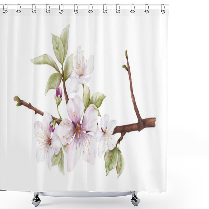 Personality  Watercolor Light Pink Cherry Blossoms Blooming On The Branches. Cherry Blossom And Leaves Branch Bouquet Vector Isolated On White Background. Suitable For Decorative Spring Festivals, Or Cards. Shower Curtains