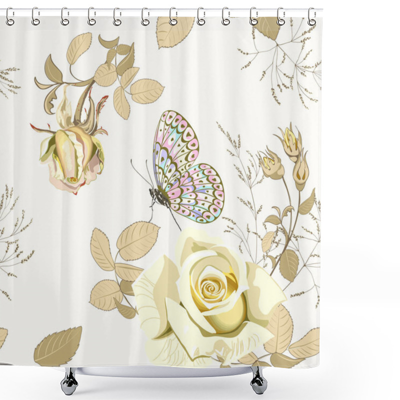 Personality  Flower Vector Illustration With Beautiful Yellow Rose And Butterfly On White Background. Shower Curtains