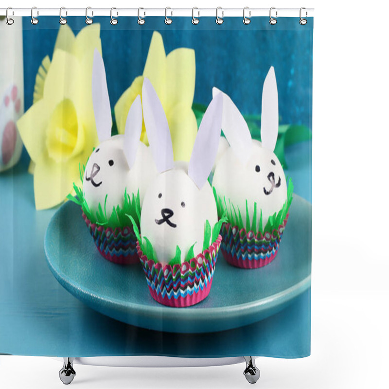 Personality  Diy Rabbit From Easter Eggs On Blue Background. Gift Ideas, Decor Easter, Spring. Handmade. White Easter Egg Bunny, Grass Crepe Paper, Cup Muffin Cupcake. Step By Step. Process Kid Crafts. Shower Curtains