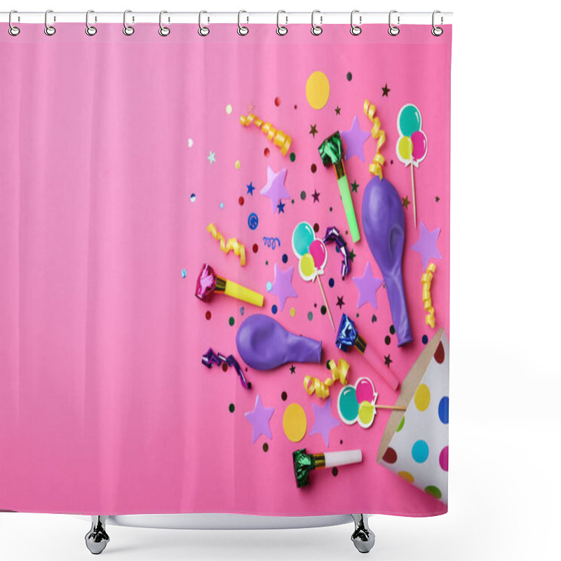 Personality  Flat Lay Composition With Party Cap On Pink Background. Space For Text Shower Curtains