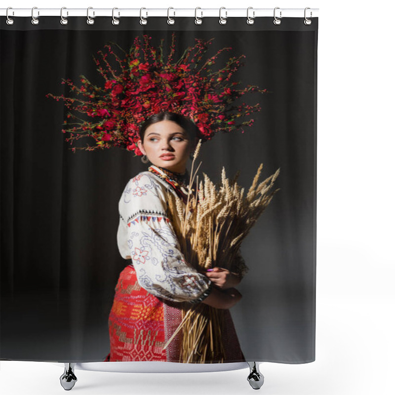 Personality  Brunette And Young Ukrainan Woman In Red Floral Wreath With Berries Holding Wheat Spikelets On Black Shower Curtains