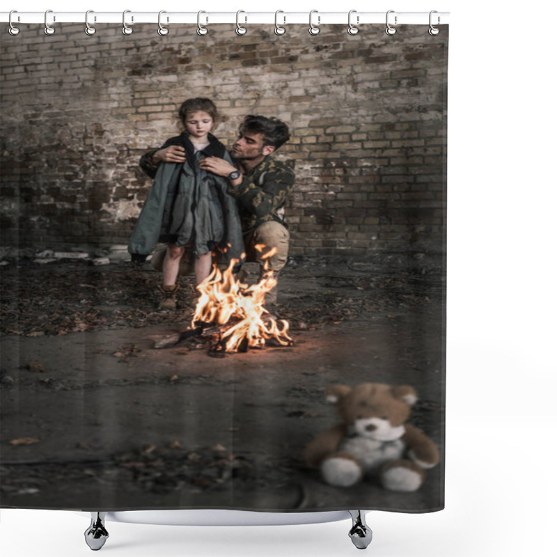 Personality  Selective Focus Of Man Wearing Jacket On Child Near Bonfire, Post Apocalyptic Concept Shower Curtains