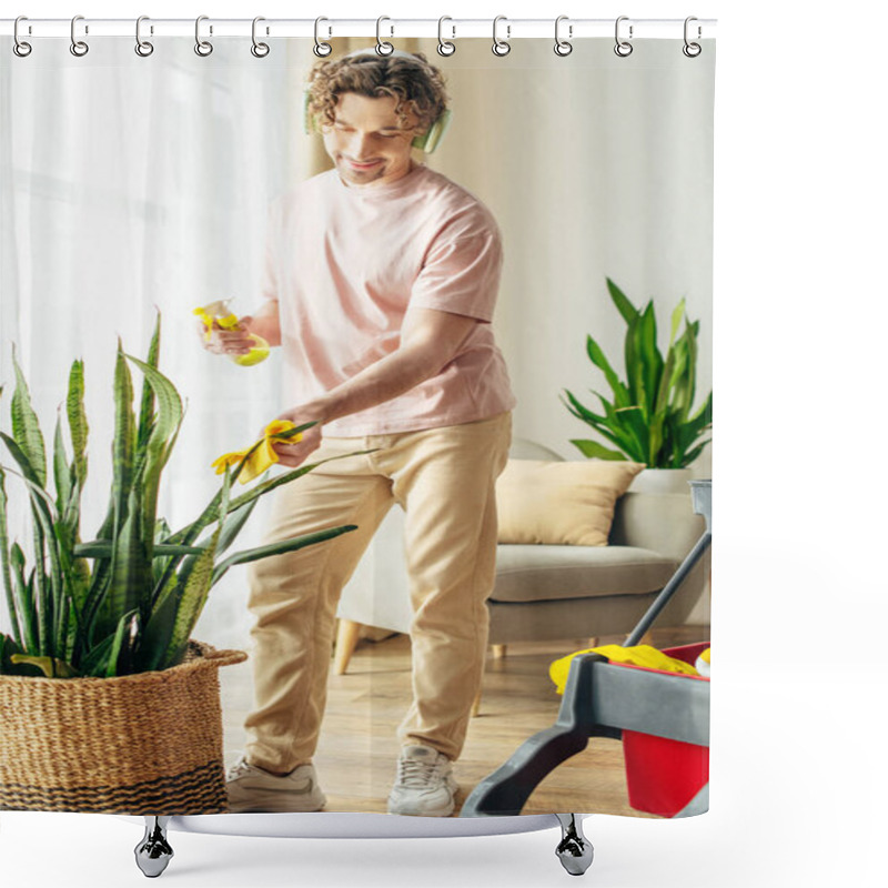 Personality  A Man In Cozy Homewear Cleaning Plants. Shower Curtains