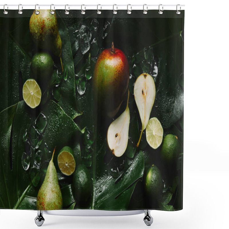 Personality  Top View Of Fresh Ripe Fruits, Ice Cubes And Beautiful Green Tropical Leaves  Shower Curtains