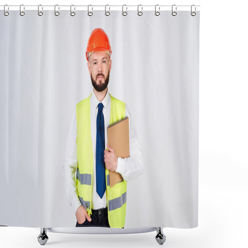 Personality  Lovely Smiling Mature Builder, With Beard, Man In Construction Helmet, White Shirt And Tie, Posing Isolated Over White Wall Background. Workers Profession Concept. Shower Curtains