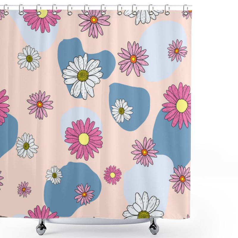 Personality  Vector Pastel Pink Beige Background Pink Daisy Flowers And Wild Flowers. Seamless Pattern Background Shower Curtains