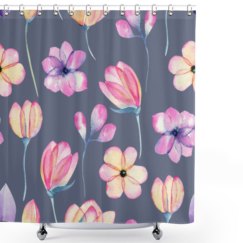 Personality  Watercolor Pastel Pink Apple Blossom Flowers Seamless Pattern, Hand Painted On A Blue Background Shower Curtains