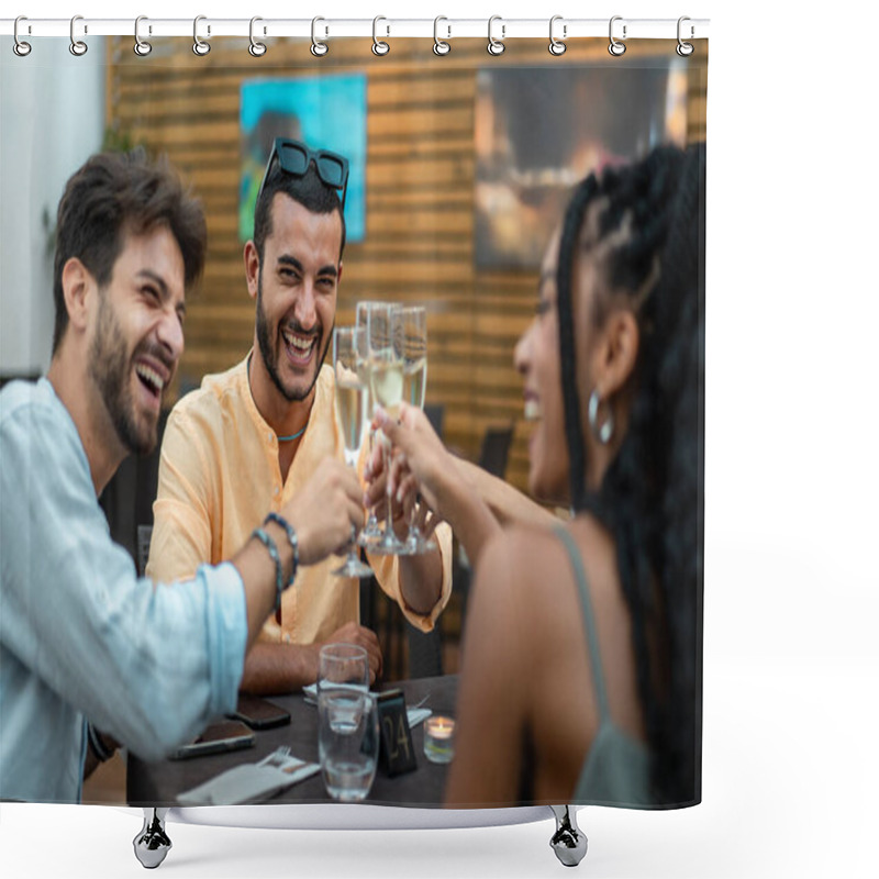 Personality  Cheerful Group Of Friends Toasting With Champagne Glasses At An Outdoor Dinner, Enjoying A Festive Atmosphere And Shared Moments. Shower Curtains