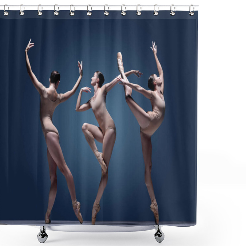 Personality  Collage. Artistic, Talented, Elegant Young Woman, Ballerina In Beige Bodysuit Showing Ballet Poses, Dancing Over Blue Background. Concept Of Classical Dance Style, Theatre, Beauty, Inspiration Shower Curtains