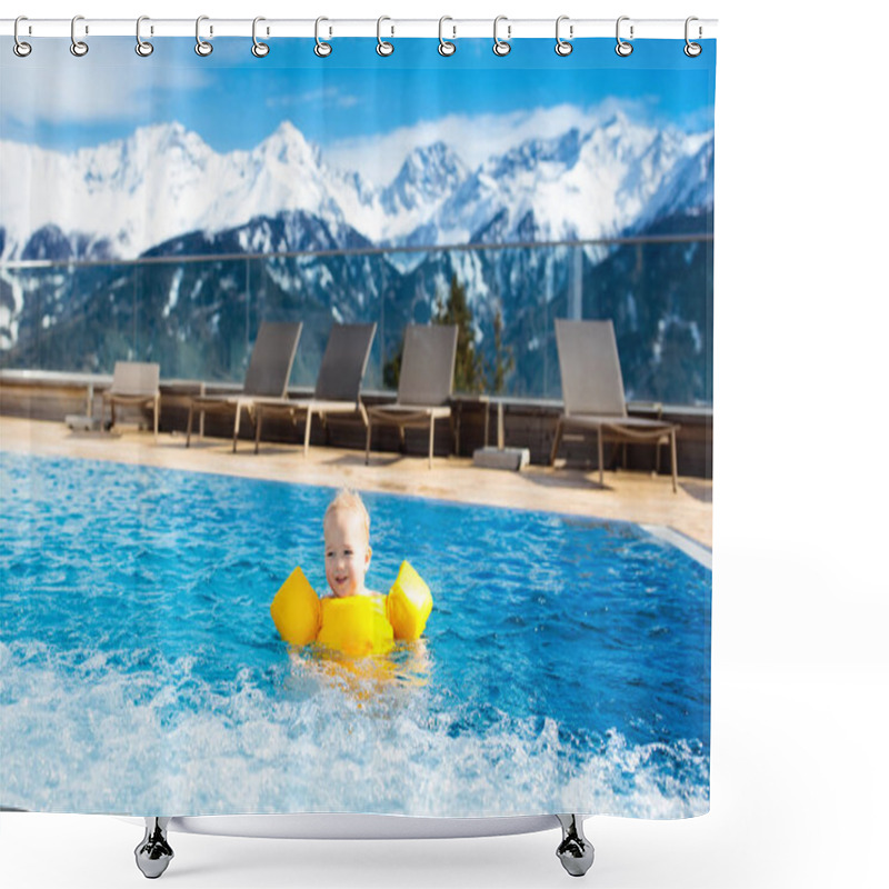 Personality  Child In Outdoor Swimming Pool Of Alpine Resort Shower Curtains