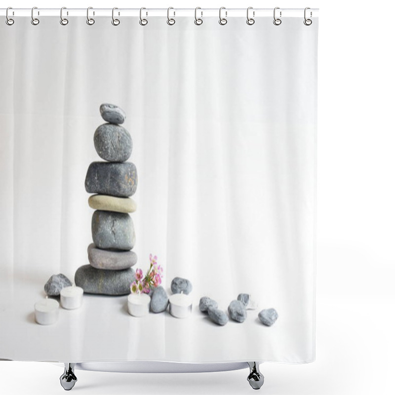 Personality  Stack Stones Isolated In White Background And Pink Wax Flowers. Pebbles Tower. Concept Of Balance And Harmony. Calm And Spirit, Spa Stones And Zen, Peace, Meditation, Spiritual, Abstract Shower Curtains