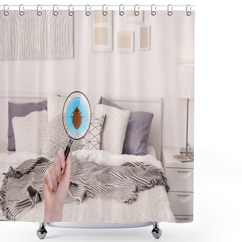 Personality  Woman With Magnifying Glass Detecting Bed Bug In Bedroom Shower Curtains