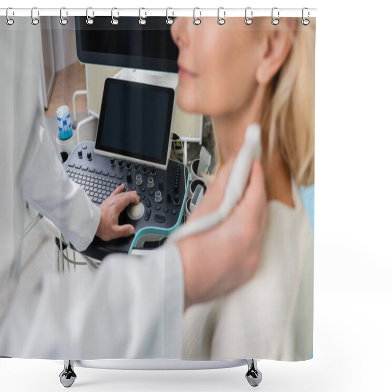 Personality  Partial View Of Physician Examining Blurred Woman While Operating Ultrasound Machine Shower Curtains