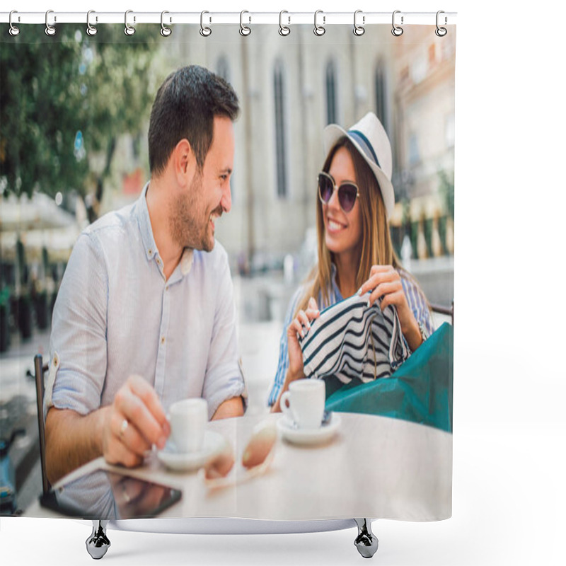 Personality  Beautiful Loving Couple Sitting In A Cafe Enjoying In Coffee And Conversation After Shopping Shower Curtains