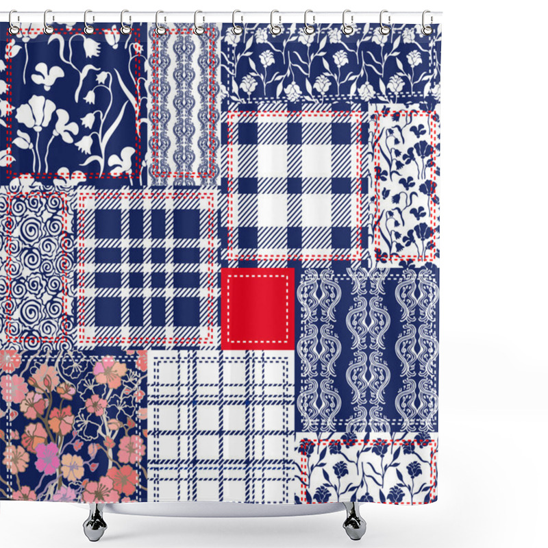 Personality  Blue, White And Red Patchwork Shower Curtains