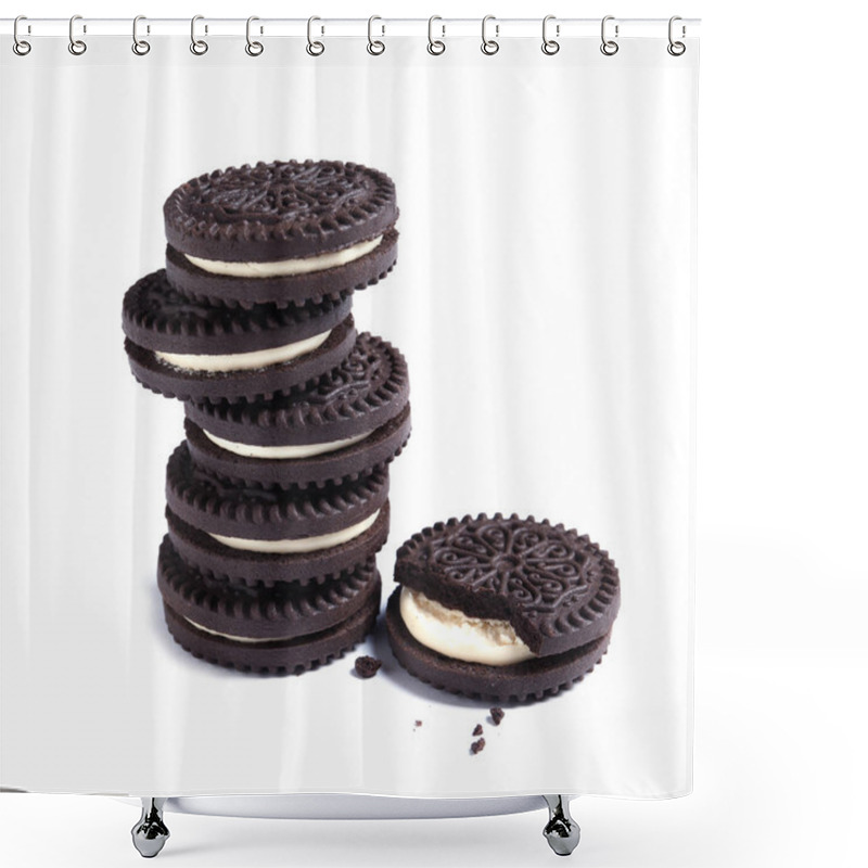 Personality  Tasty Chocolate Cookies And Crumbs On White Background Shower Curtains