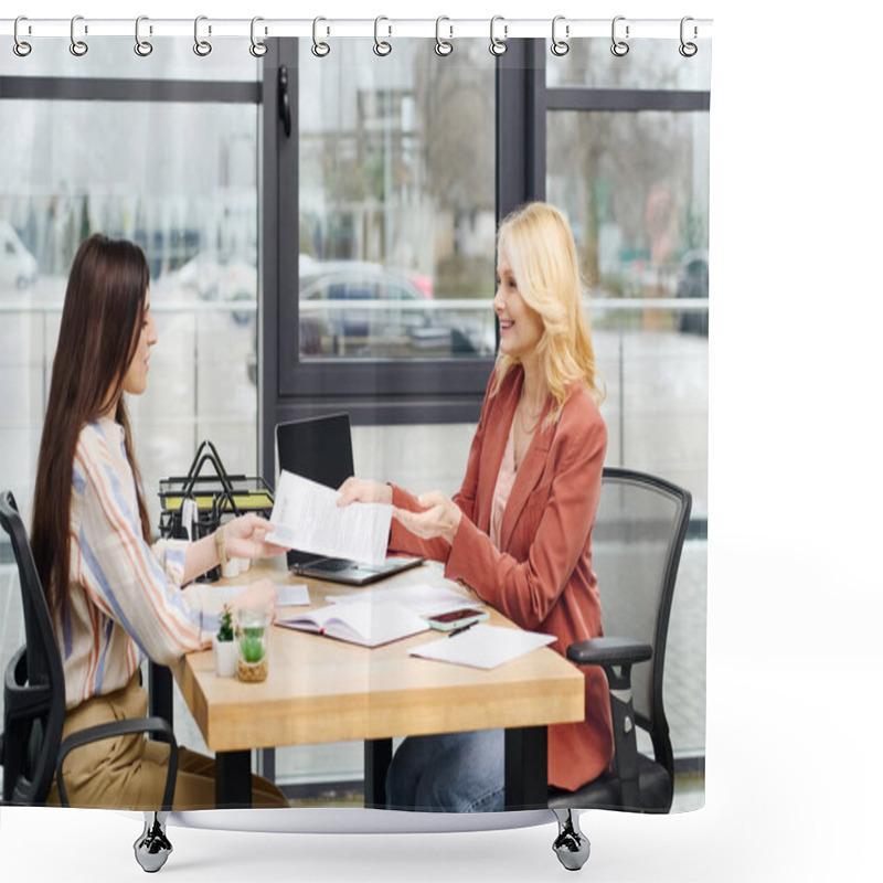 Personality  Two Women Engage In A Discussion At A Desk. Shower Curtains